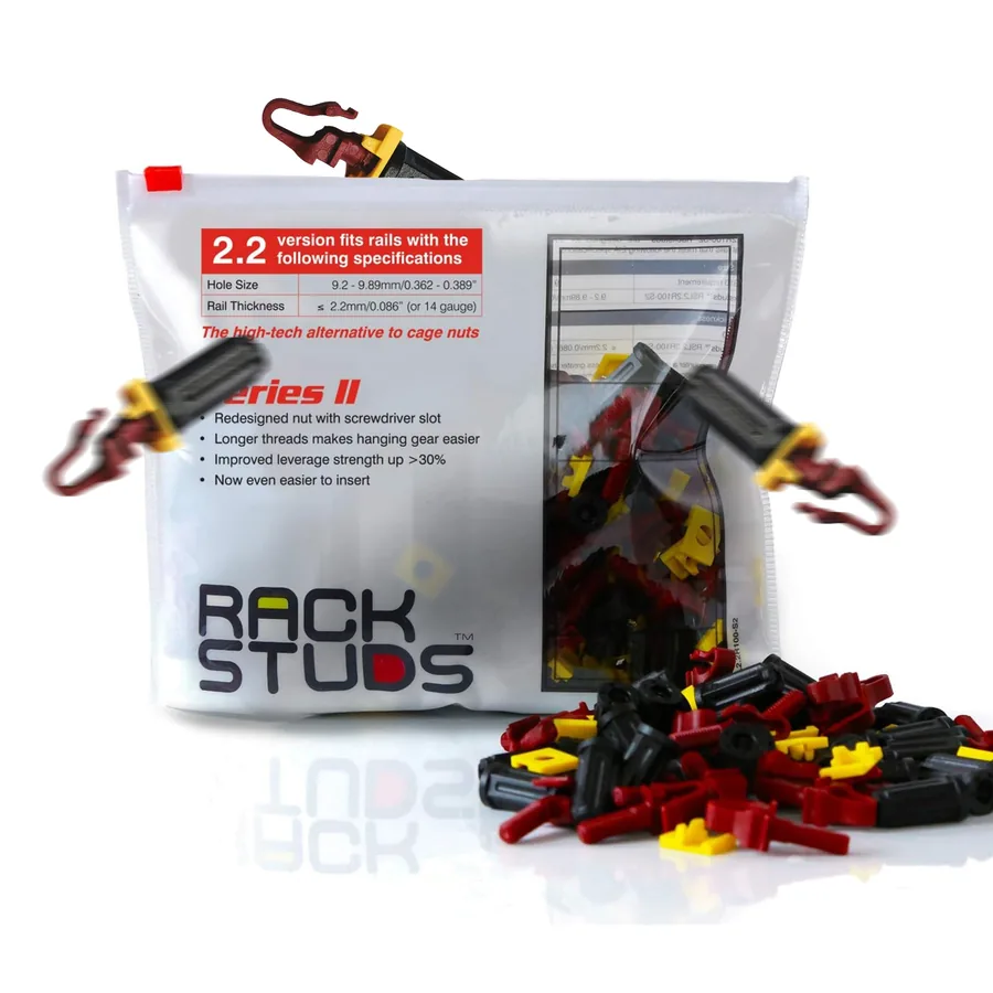 Rackstuds Series II retail pack, the 2.2mm red version, with red and black studs and yellow load-spreading washers, and the printed rail-thickness specification